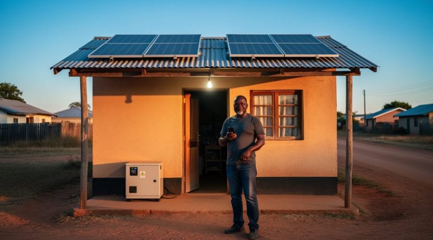 Rural shop with two solar panels on a corrugated roof and a battery box by the doorway, shop owner holding a mobile phone under a lit LED bulb at sunset, with modest homes and a dusty road in the background.
