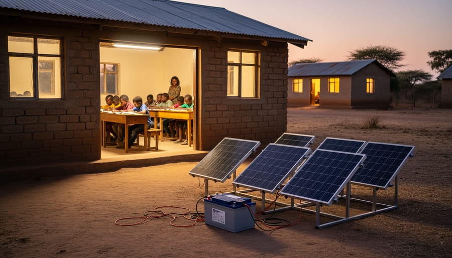 Family using solar-powered LED lighting for evening activities in off-grid home
