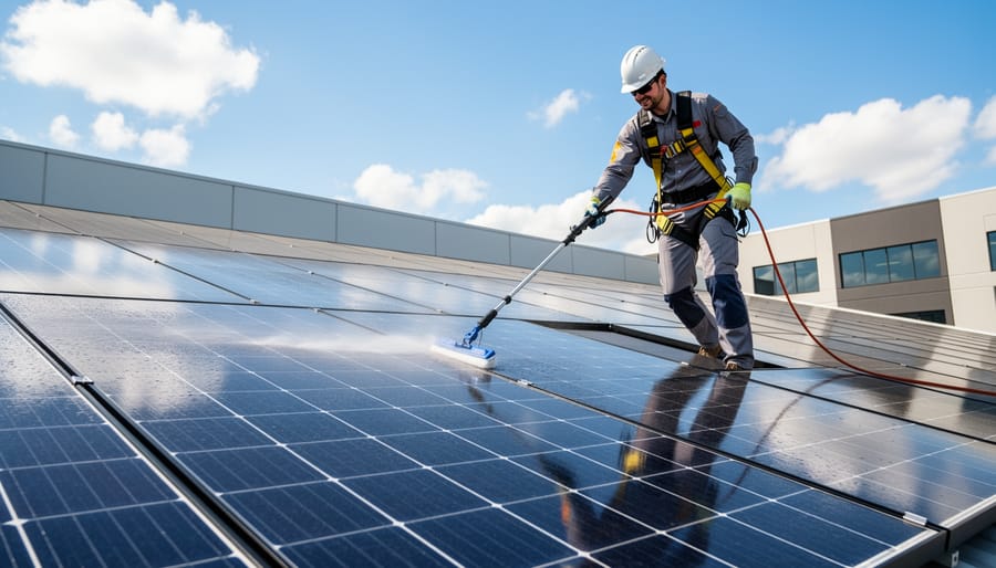 Professional maintenance worker cleaning commercial solar panels on rooftop