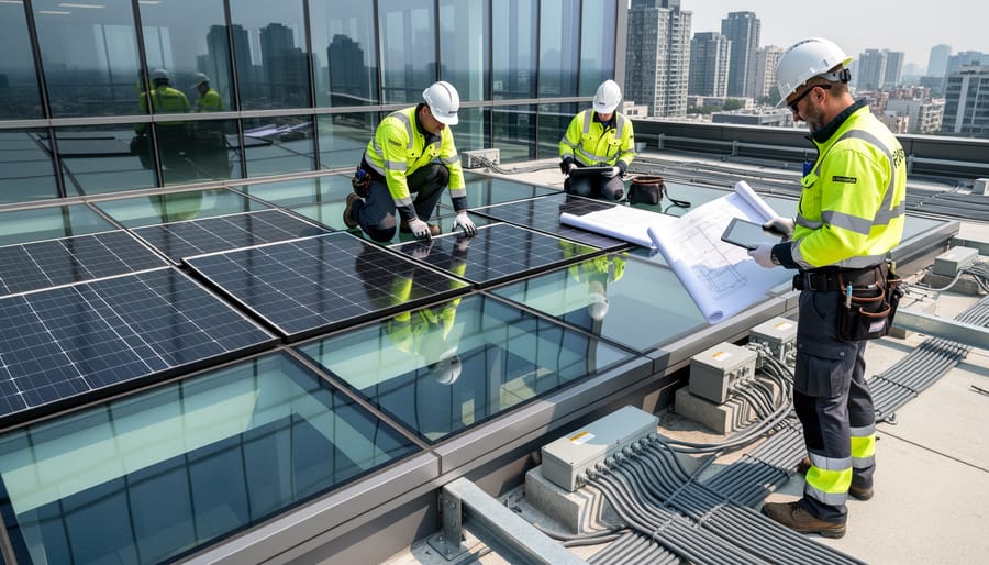 Construction specialist installing photovoltaic building panel on commercial structure