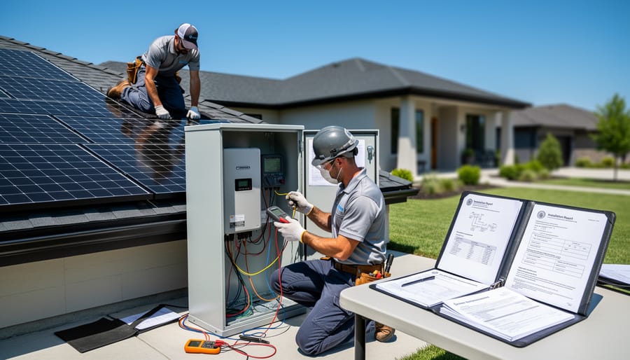 Professional solar installer inspecting commercial solar panel installation