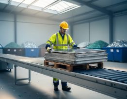 Worker in high-visibility vest loading stacked end-of-life solar panels onto a conveyor at a modern recycling facility, with blurred bins of separated glass and aluminum in the background under soft daylight.