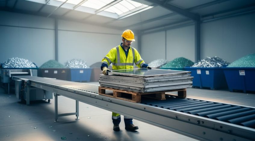 Worker in high-visibility vest loading stacked end-of-life solar panels onto a conveyor at a modern recycling facility, with blurred bins of separated glass and aluminum in the background under soft daylight.