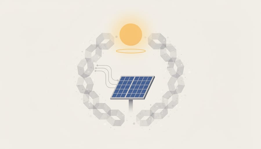 Solar panel surface with digital blockchain network visualization representing secure contract technology