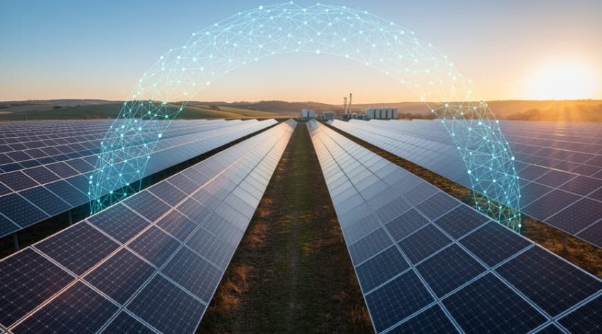 Low-angle sunrise photograph of rows of blue solar panels with a faint semi-transparent hexagonal light lattice arching above them, representing quantum-resistant blockchain security, with softly blurred hills and a distant inverter station in the background.