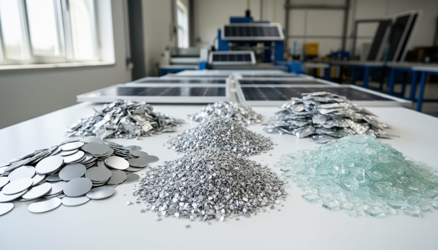 Separated components and materials from deconstructed solar panel showing recyclable elements