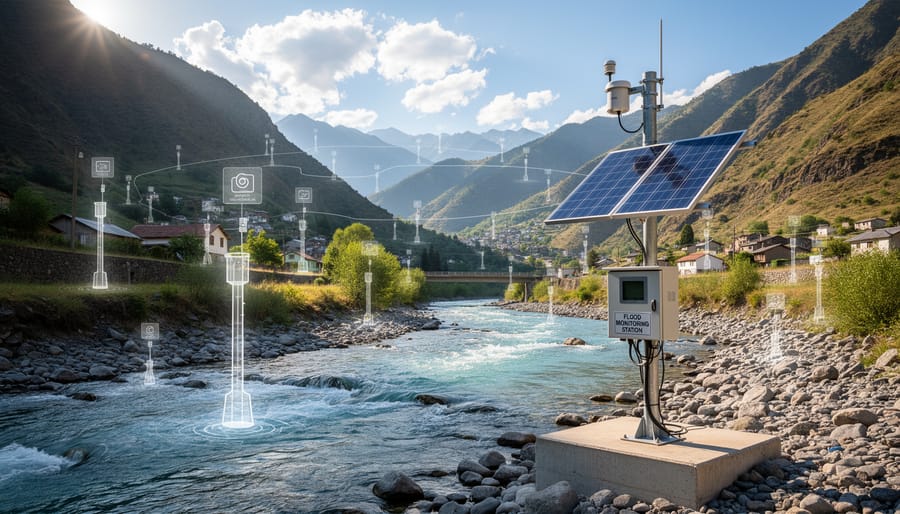Solar-powered flood monitoring installation overlooking river valley and community