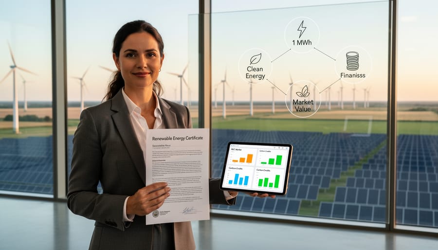 Business professional reviewing renewable energy certificate documentation at desk