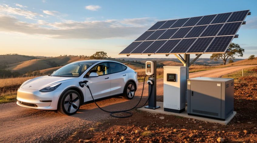 Electric SUV charging at a standalone off-grid station powered by ground-mounted solar panels, with an inverter/charger cabinet and battery container in a rural landscape at golden hour.