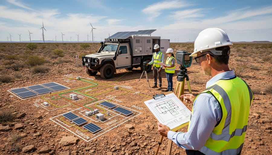 Installation professionals conducting site assessment for solar charging infrastructure