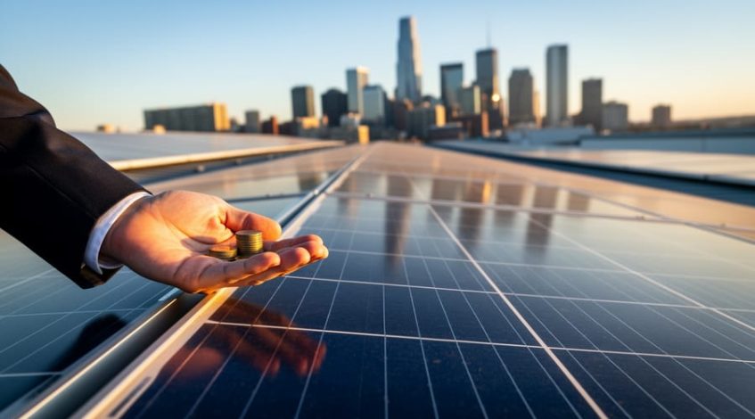 Hand holding a small stack of coins in front of commercial rooftop solar panels at golden hour, with a softly blurred city skyline in the background.