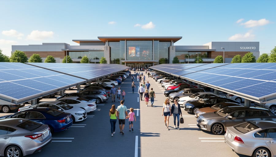 Aerial view of solar panel carport structures covering venue parking lot