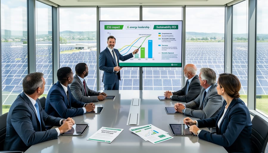 Diverse solar company leadership team meeting with corporate clients with solar panels visible through office windows