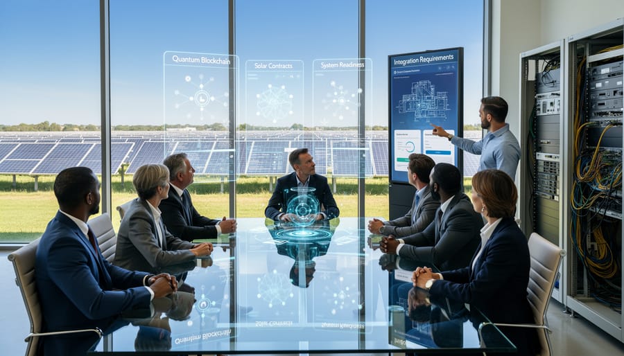 Business team meeting to discuss solar contract technology implementation and integration planning