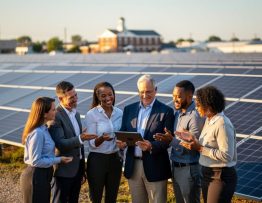 Group of business and city representatives standing by rows of solar panels, reviewing a tablet, with a town hall and small industrial buildings softly blurred in the background at golden hour.