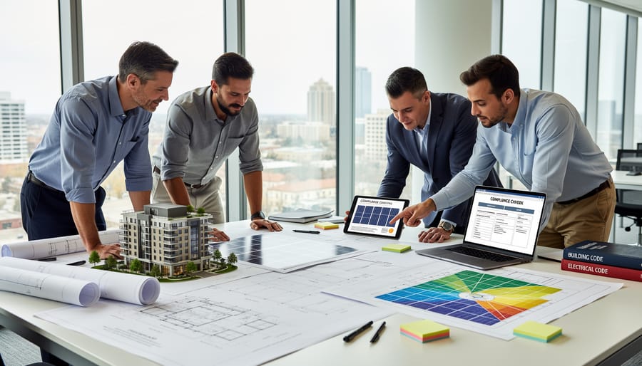 Architect and solar consultant reviewing building plans and solar installation blueprints together