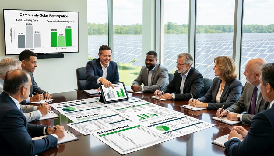 Business professional reviewing energy bills and financial calculations on desk