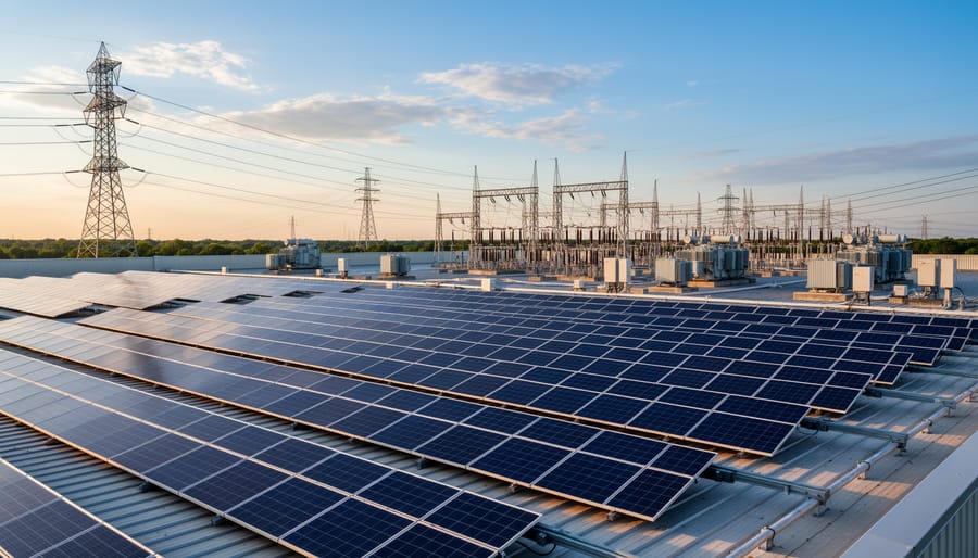 Solar panel installation on commercial building connected to electrical grid infrastructure