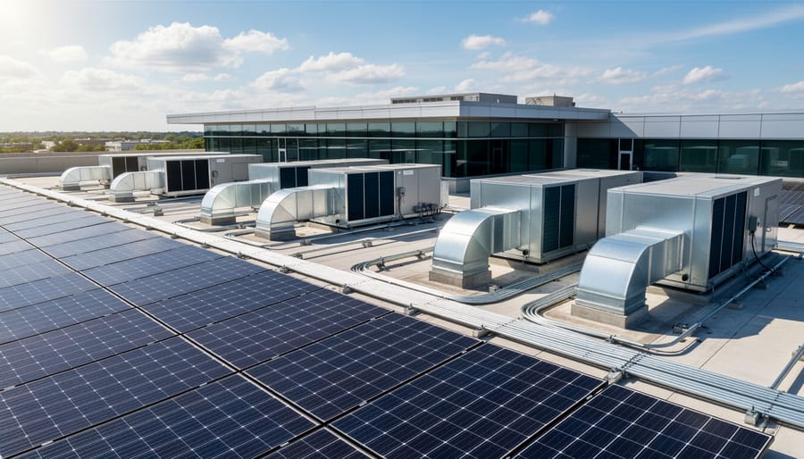 Commercial building rooftop showing integrated solar panels and HVAC equipment