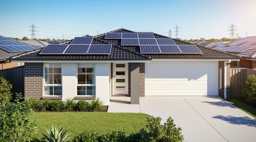 Wide environmental shot of a modern Australian suburban house with a roof covered in solar panels in bright late-morning sun, with neighboring rooftops and distant power lines visible in the background.