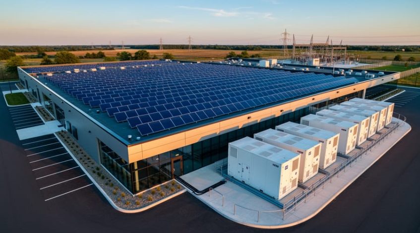 Aerial oblique photo of a commercial building covered in solar panels with adjacent white battery storage containers, lit by golden hour light, with a substation and transmission lines in the background.
