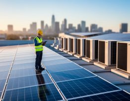 Modern commercial rooftop with blue solar panels integrated beside sleek VRF HVAC condenser units, a facility manager in a hard hat checking equipment with a tablet, golden hour side lighting, and a softly blurred city skyline in the background