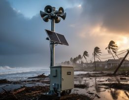 Low-angle photo of a coastal early warning siren tower equipped with solar panels and a battery enclosure after a storm, warm sunlight breaking through dark clouds, with blurred rough surf, wind-bent palm trees, and a darkened village in the background.