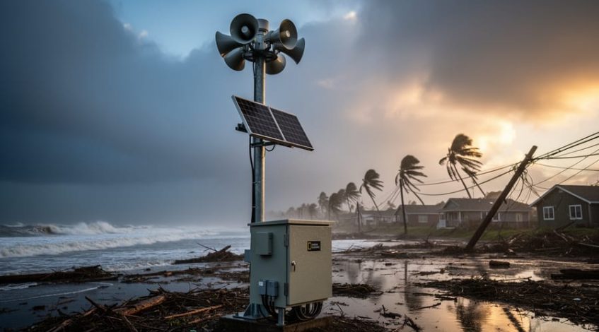 Low-angle photo of a coastal early warning siren tower equipped with solar panels and a battery enclosure after a storm, warm sunlight breaking through dark clouds, with blurred rough surf, wind-bent palm trees, and a darkened village in the background.