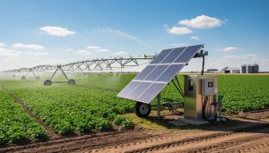 Ground-mounted solar panels beside an electric irrigation pump feeding a center-pivot sprinkler system across a large green crop field under bright daylight, with distant barns and silos in the background.