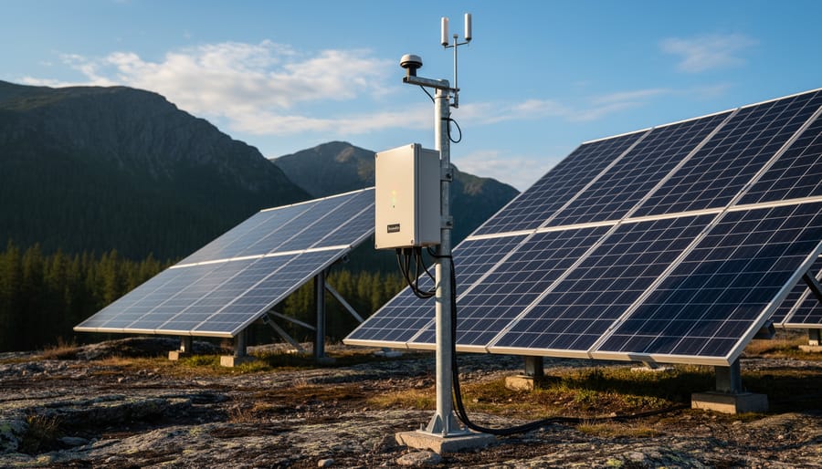Solar-powered weather monitoring station with sensors in coastal location