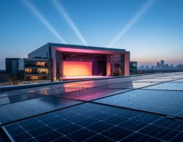 Low-angle wide shot of blue-black solar panels on a modern performing arts venue at blue hour, with warm stage light glowing from windows and faint searchlight beams in the sky; distant skyline softly visible.