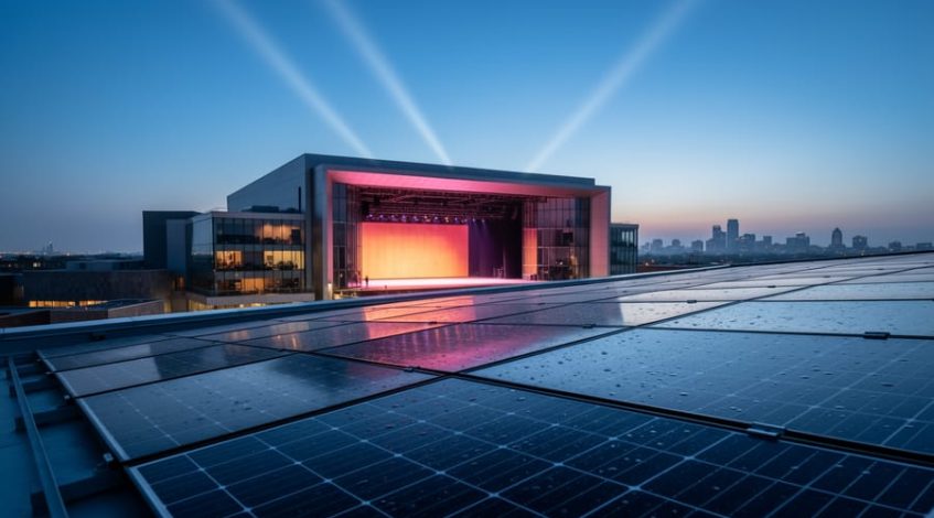 Low-angle wide shot of blue-black solar panels on a modern performing arts venue at blue hour, with warm stage light glowing from windows and faint searchlight beams in the sky; distant skyline softly visible.