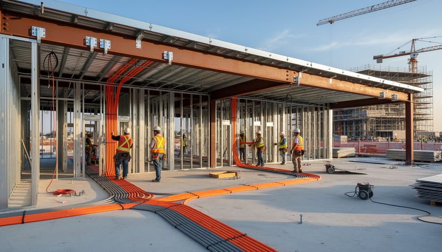 Commercial building under construction showing solar-ready electrical infrastructure and roof preparation