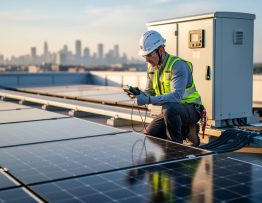Solar technician wearing a hard hat and harness checks an inverter cabinet and nearby photovoltaic panels at sunrise using a handheld diagnostic meter, with HVAC units and a soft city skyline blurred in the background.