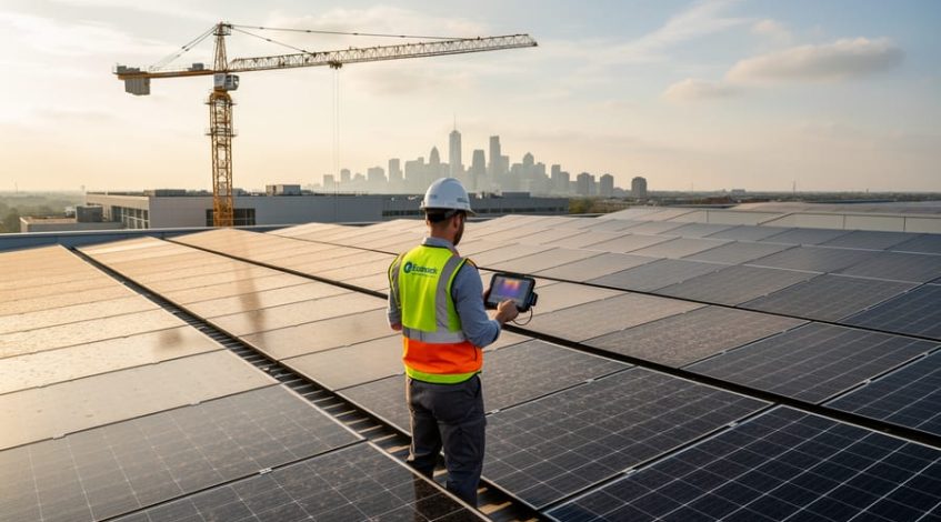Technician inspecting a commercial rooftop solar array at golden hour, with lightly soiled panels and partial shading from a nearby construction crane against a distant city skyline.