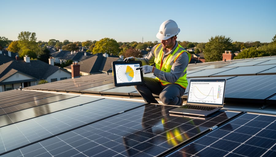 Commercial solar panel array showing shadow patterns from building structures