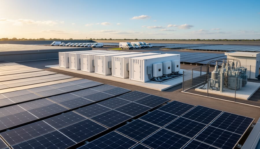 Rooftop solar panel array with battery storage containers on commercial building