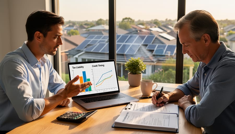 Business professional reviewing financial documents for solar tax credit planning