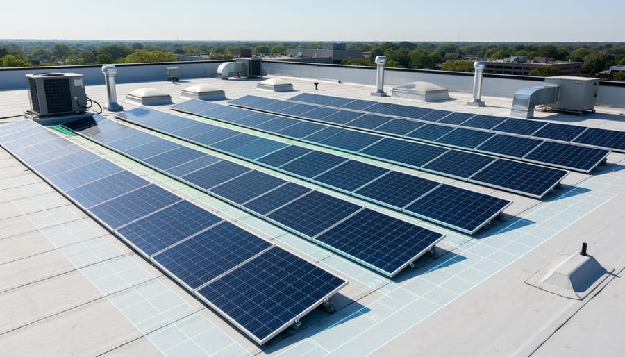 Tree branches casting shadows on solar panels