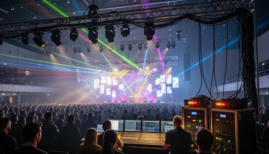 Theater stage lighting system with multiple spotlights and technical equipment