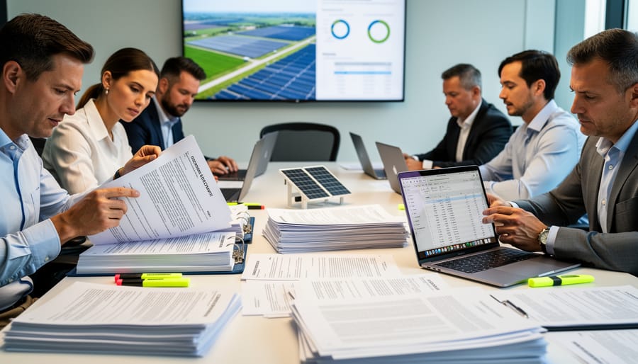 Business professional signing solar contract documents at desk with solar panels visible through window