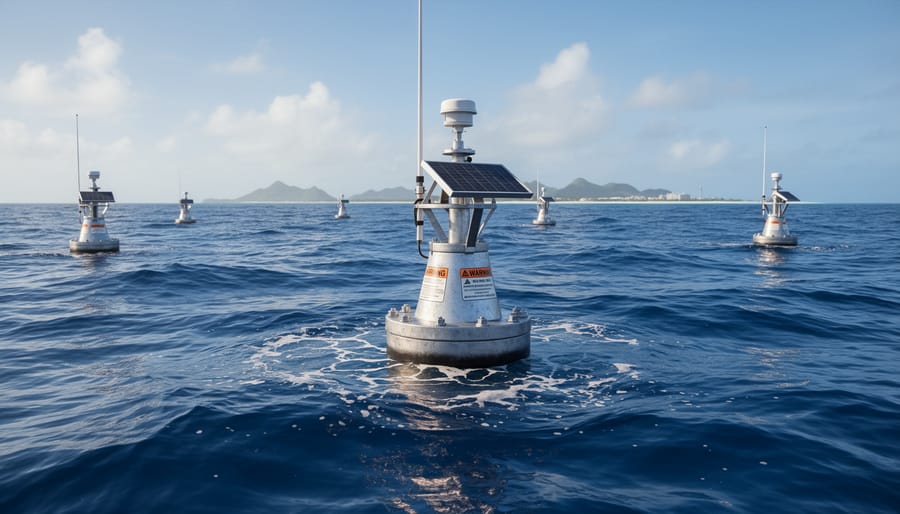 Solar-powered tsunami warning buoy floating in ocean waters