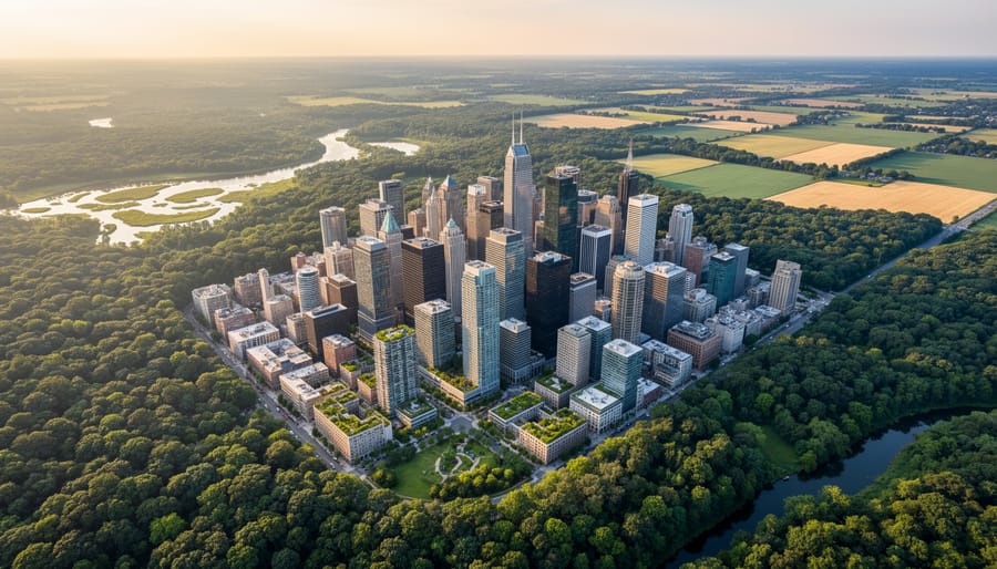 Urban skyline transitioning to preserved natural forest and agricultural land