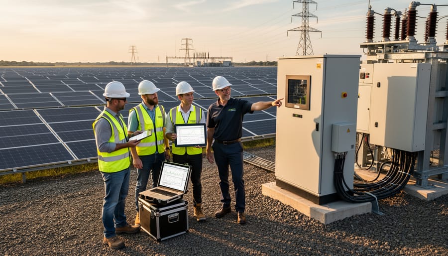 Utility workers and solar installers working together at electrical substation