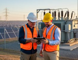 Utility engineer and solar developer in hard hats and orange vests review a tablet beside a substation at a utility-scale solar farm, with PV rows and transmission towers in warm golden-hour light.
