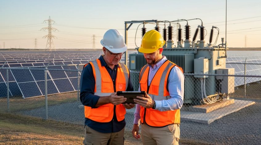 Utility engineer and solar developer in hard hats and orange vests review a tablet beside a substation at a utility-scale solar farm, with PV rows and transmission towers in warm golden-hour light.