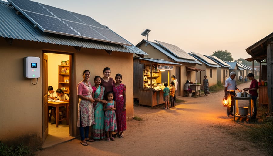Rural village at night showing multiple homes lit by solar power systems