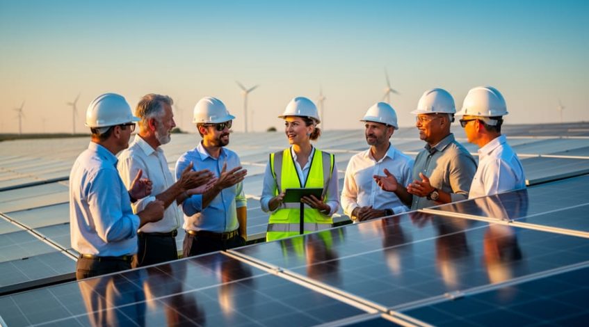Female executive in safety gear leads a diverse group of solar professionals among rows of photovoltaic panels at sunset, reviewing a tablet, with softly blurred panels and distant turbines in the background