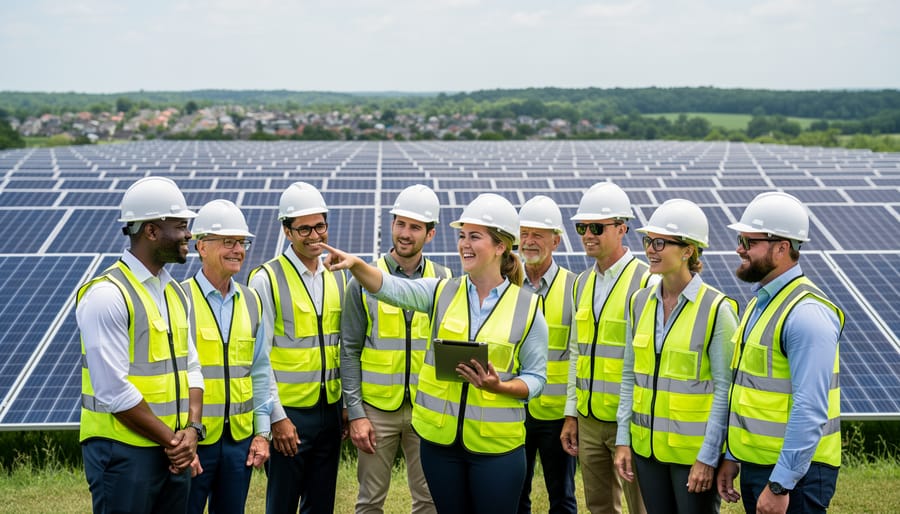 Female and male solar engineers collaborating at commercial solar farm installation
