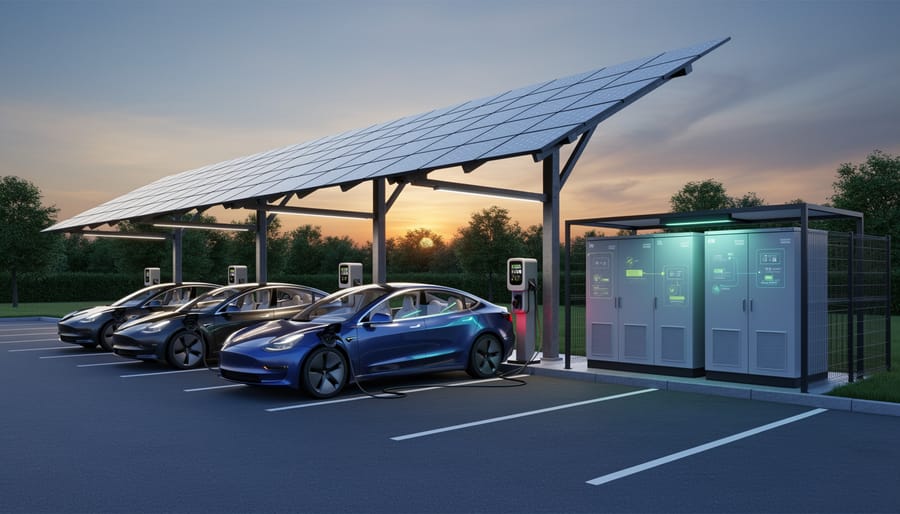 Technician installing battery storage system alongside solar and EV charging infrastructure